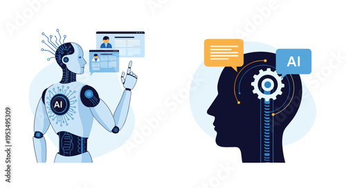 Artificial intelligence and machine learning in human resources and profile analysis with robot and human brain icons.