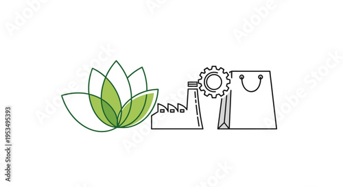 Sustainable manufacturing and eco friendly retail concept featuring lotus flower industrial factory and shopping bag icons.