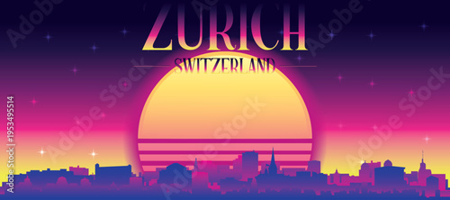 Purple generic retro futuristic synthwave panoramic poster of the city skyline with misty background sunset buildings of ZURICH, SWITZERLAND