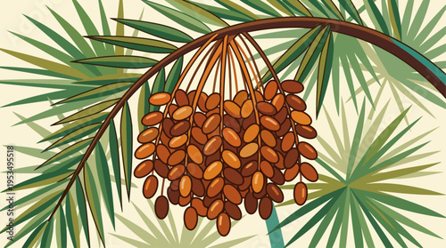 A close-up flat design illustration of a vibrant cluster of ripe dates hanging from a palm branch, emphasizing freshness and natural sweetness.
