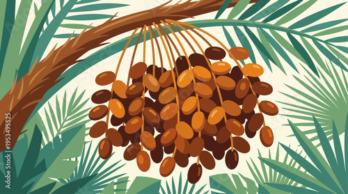 A close-up flat design illustration of a vibrant cluster of ripe dates hanging from a palm branch, emphasizing freshness and natural sweetness.