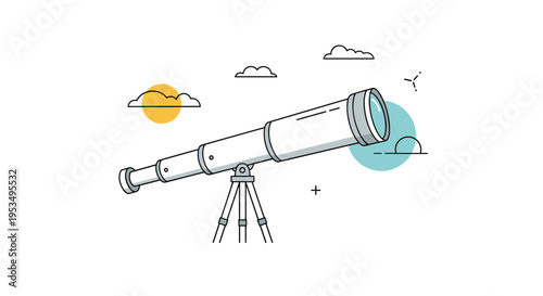 Visionary business strategy and future outlook concept with telescope looking towards sky and golden solar icons.