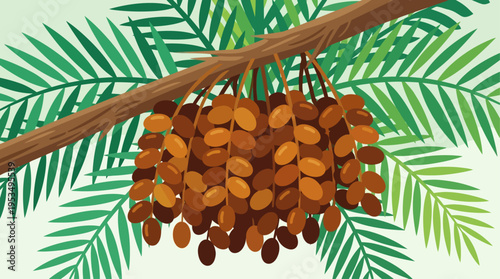A close-up flat design illustration of a vibrant cluster of ripe dates hanging from a palm branch, emphasizing freshness and natural sweetness.