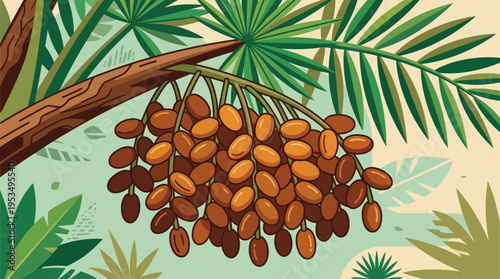 A close-up flat design illustration of a vibrant cluster of ripe dates hanging from a palm branch, emphasizing freshness and natural sweetness.