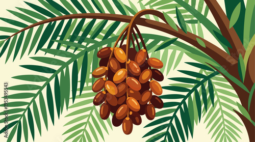 A close-up flat design illustration of a vibrant cluster of ripe dates hanging from a palm branch, emphasizing freshness and natural sweetness.