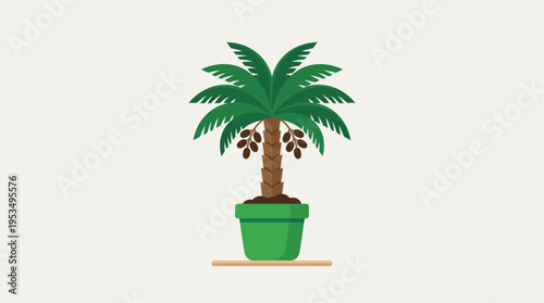 A contemporary flat design illustration of a date palm tree in a pot, adapting this iconic plant for urban or indoor environments. 