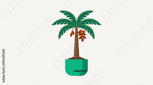 A contemporary flat design illustration of a date palm tree in a pot, adapting this iconic plant for urban or indoor environments. 