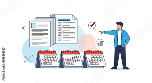 Project management and task scheduling concept with man pointing to checklists and monthly calendars illustration.