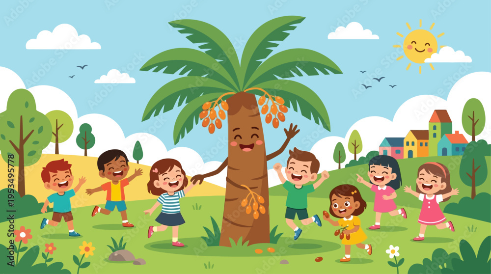 Naklejka premium A cheerful flat design illustration for children, depicting a friendly, anthropomorphic date palm tree interacting playfully with happy kids. 
