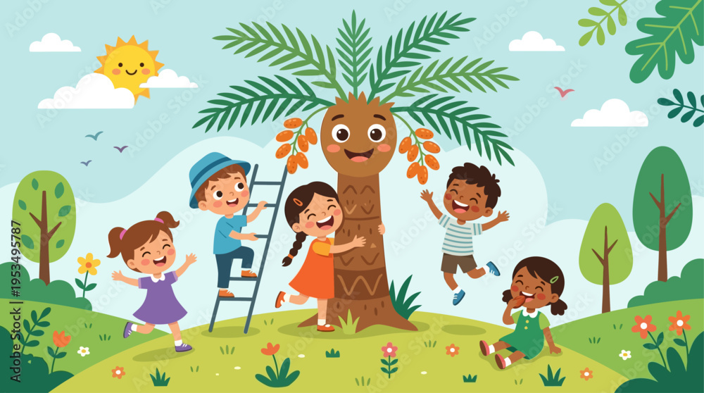 Naklejka premium A cheerful flat design illustration for children, depicting a friendly, anthropomorphic date palm tree interacting playfully with happy kids. 