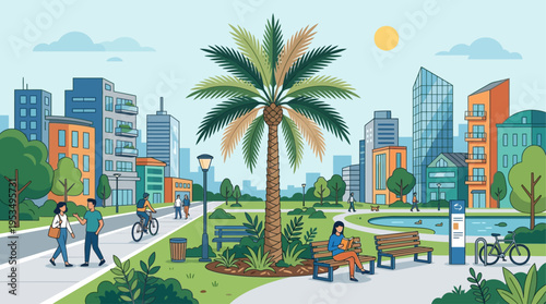 A contemporary flat design illustration integrating a date palm tree into an urban park setting, symbolizing green spaces within modern cityscapes.