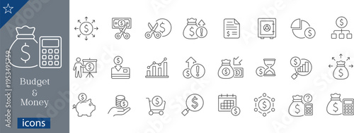 24 Outline Budget and Money Icons financial Planning, Investment Tracking and Currency Management Set for Savings, Audit and Cash Flow