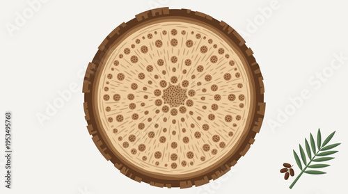 A detailed flat design illustration of a date palm tree trunk's cross-section, highlighting its unique fibrous internal structure for educational or scientific contexts. 