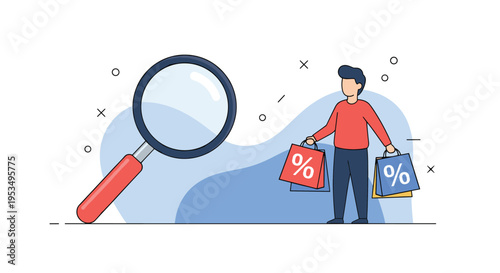 Discount search and smart consumer shopping concept featuring magnifying glass and man with sale shopping bags.