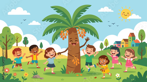 A cheerful flat design illustration for children, depicting a friendly, anthropomorphic date palm tree interacting playfully with happy kids. 