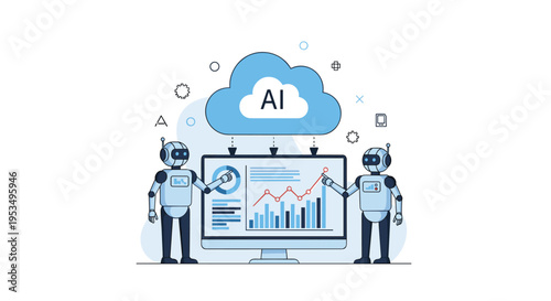 Artificial intelligence data analysis and cloud computing concept with robots using interactive financial charts.