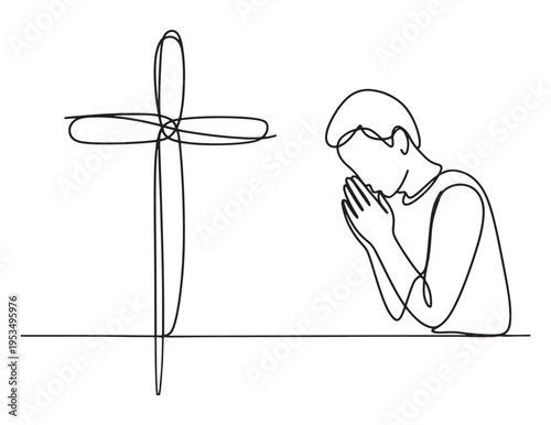 Man Praying beside Cross Line Art