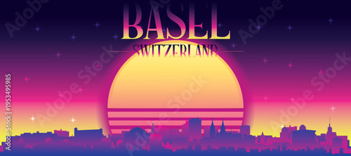 Purple generic retro futuristic synthwave panoramic poster of the city skyline with misty background sunset buildings of BASEL, SWITZERLAND