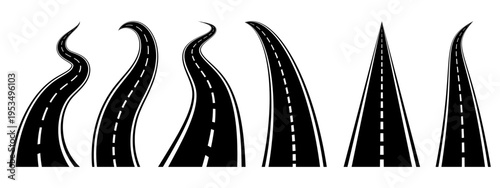 Lots of winding roads. Traveling along a curved highway. The road to the horizon in perspective. Curvy asphalt empty line isolated vector concept.