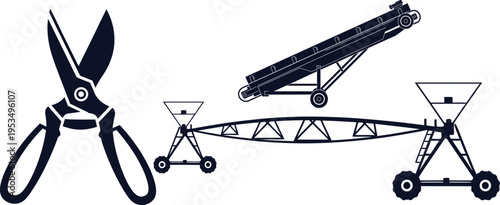 Agricultural Equipment Silhouettes Including Secateurs Conveyor and Seeders agriculture farming