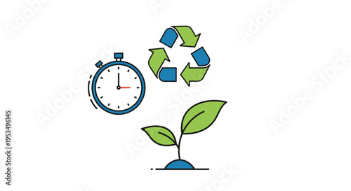 Environmental conservation and time sensitive sustainability concept with recycle icon stopwatch and growing plant.
