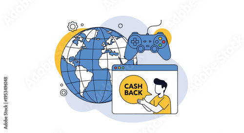 Global gaming and online cashback rewards concept with world globe game controller and consumer promotion window.