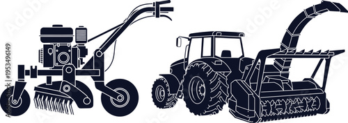 Agricultural Machinery Silhouettes of Tiller and Tractor with Snow Blower agriculture farming