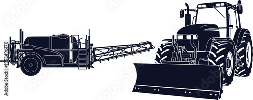 Agricultural Tractor With Snow Plow And Crop Sprayer Silhouettes On White Background agriculture