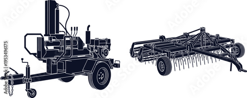 Agricultural Machinery Silhouettes Tiller and Harrow Equipment Keywords: agriculture, farming, machinery, equipment, tiller
