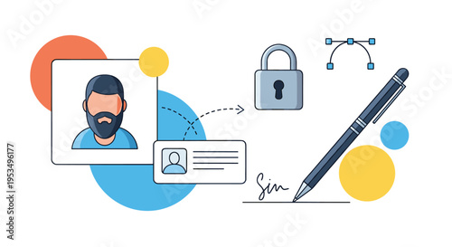 Identity verification and secure document signing concept with personal profile ID card and digital pen signature.
