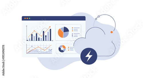 Fast data processing and real time analytics dashboard concept with digital cloud and lightning bolt energy icons.