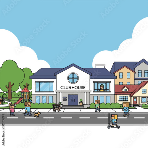 A cartoon scene depicts a club house, houses, street, people, and a playground