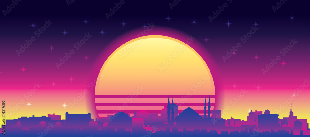 Obraz premium Purple generic retro futuristic synthwave panoramic poster of the city skyline with misty background sunset buildings of ISTANBUL, TURKEY