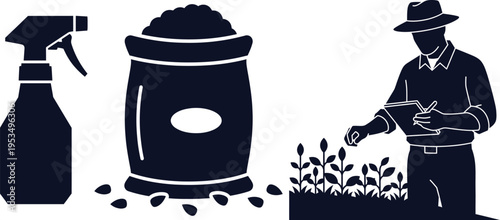 Farmer Examining Seedlings with Spray Bottle and Seed Bag Silhouettes Keywords: agriculture, farming, farmer, seedling, plant