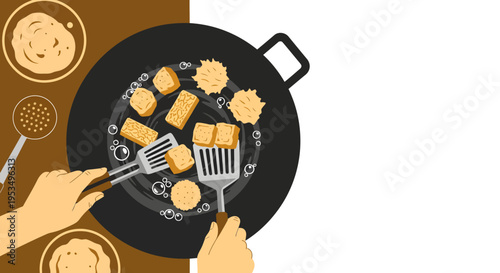 Top view illustration of hands frying traditional Indonesian street food snacks or gorengan in a wok with hot oil