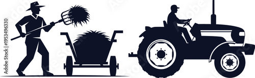 Farmer Loading Hay Onto Cart Next To Tractor Silhouette pitchfork