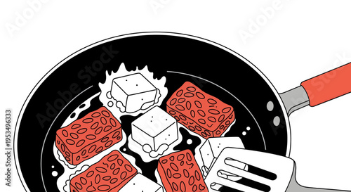 Close up illustration of frying Indonesian tempeh and tofu in a pan, traditional asian food preparation flat vector art.