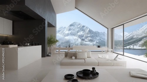Modern Minimalist Interior Design with Scenic Mountain View