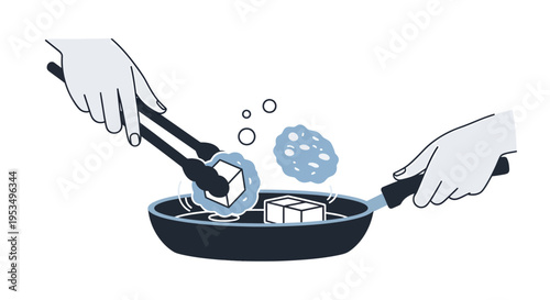Close up illustration of hands frying tofu or fritters in a pan with tongs, cooking process concept in minimalist line art style.