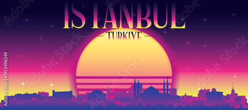 Purple generic retro futuristic synthwave panoramic poster of the city skyline with misty background sunset buildings of ISTANBUL, TURKEY