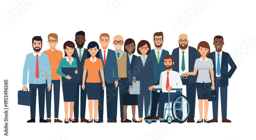 Diverse group of business professionals standing together in a line with a person in a wheelchair against a clean white background.