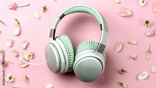 Mint green headphones on pink.