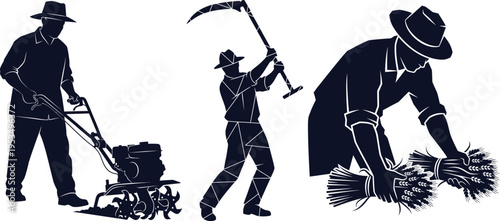 Farmers Working with Tiller Scythe and Wheat Harvest Silhouettes Keywords: farmer, agriculture, farming, harvest, wheat, scythe