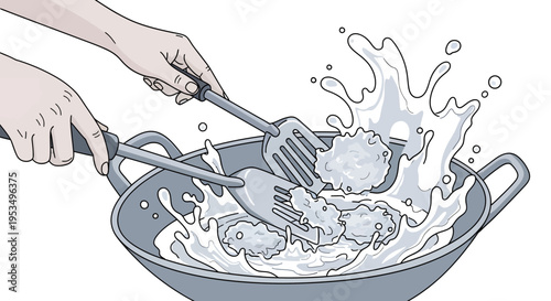 Close up of hands frying crispy fritters in a wok with oil splashes, line art illustration of Indonesian street food gorengan cooking process.