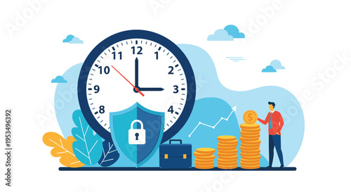 Business man building wealth with stacks of coins protected by a security shield and a clock representing time management and investment.