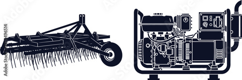 Silhouette of Agricultural Tiller and Generator on White Background Keywords: tiller, cultivator, farm equipment, soil preparation