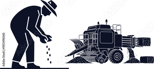 Silhouette of Farmer Sowing Seeds and Hay Baler on White Background Keywords: farmer, sowing seeds, planting, agriculture, farming