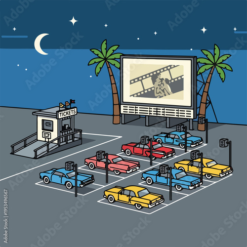 A cartoon scene of a drive-in theater with cars, screen, and night sky