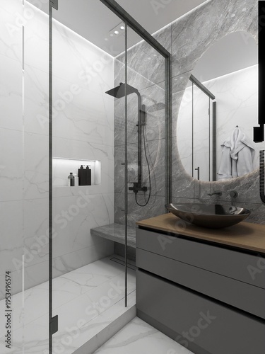 Stylish modern bathroom with glass shower, marble tiles, floating vanity and round mirror, featuring soft lighting, clean lines and a minimalist aesthetic for a calm luxury space