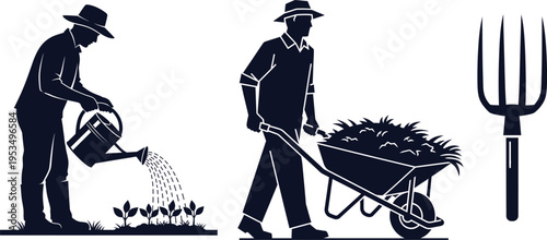Silhouette of Farmer Watering Plants, Pushing Wheelbarrow, and Pitchfork on White Background